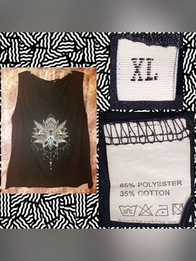 Unknown brand Black w/White Lotus Flower Sleeveless Soft Knit Tank Top Sz XL